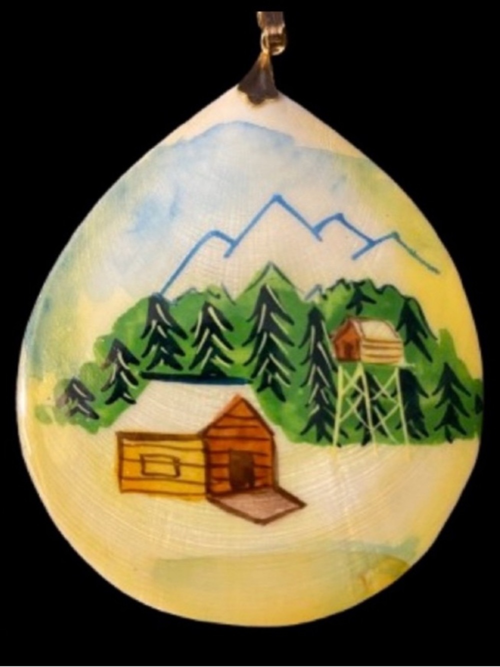 Vintage Hand Painted Genuine Sea Shell Christmas Ornament Rustic Cabin Scene